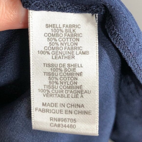 REBECCA Taylor Navy Silk Shirt with Black Lace Sleeves & Leather Collar Size 4 - Picture 6 of 6